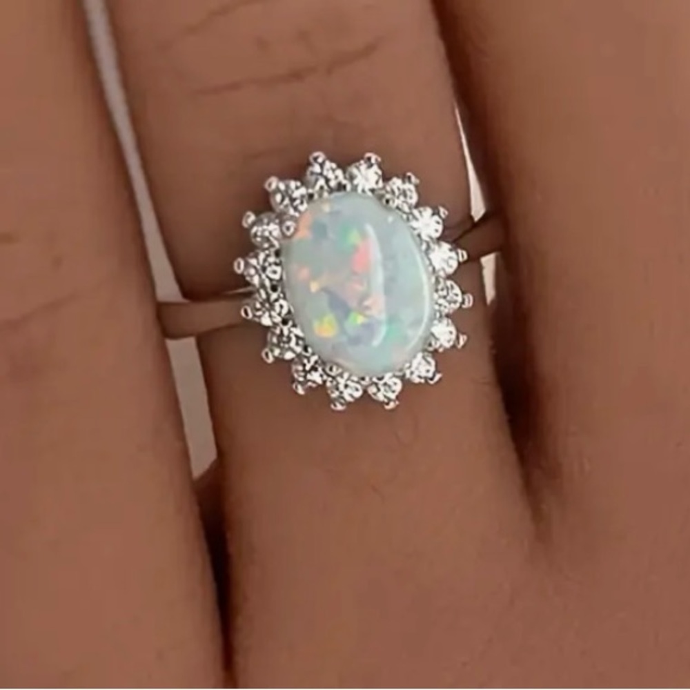 Opal Halo Cocktail Ring in White Silver size 10